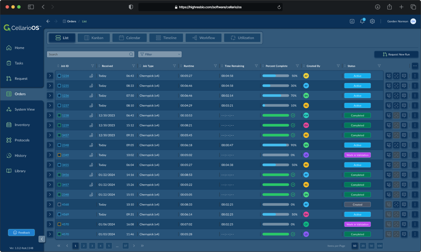 CellarioOS order management view - dark mode