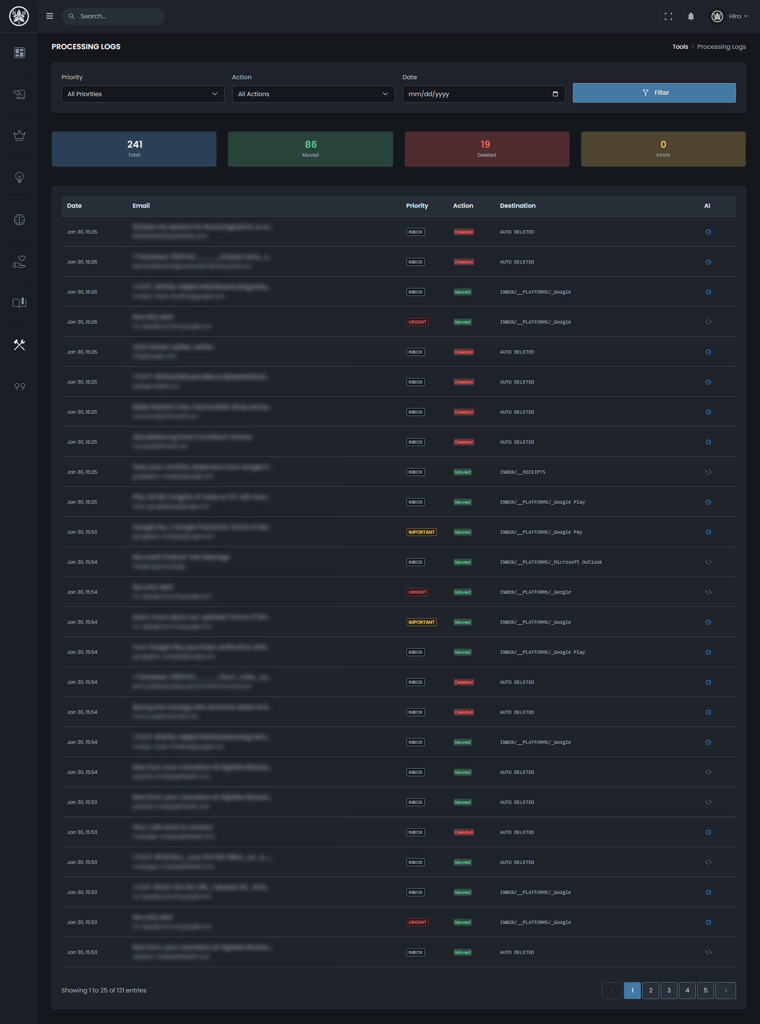 Email Concierge processing logs