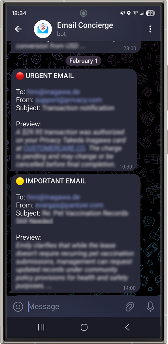 Telegram notification interface showing email alerts