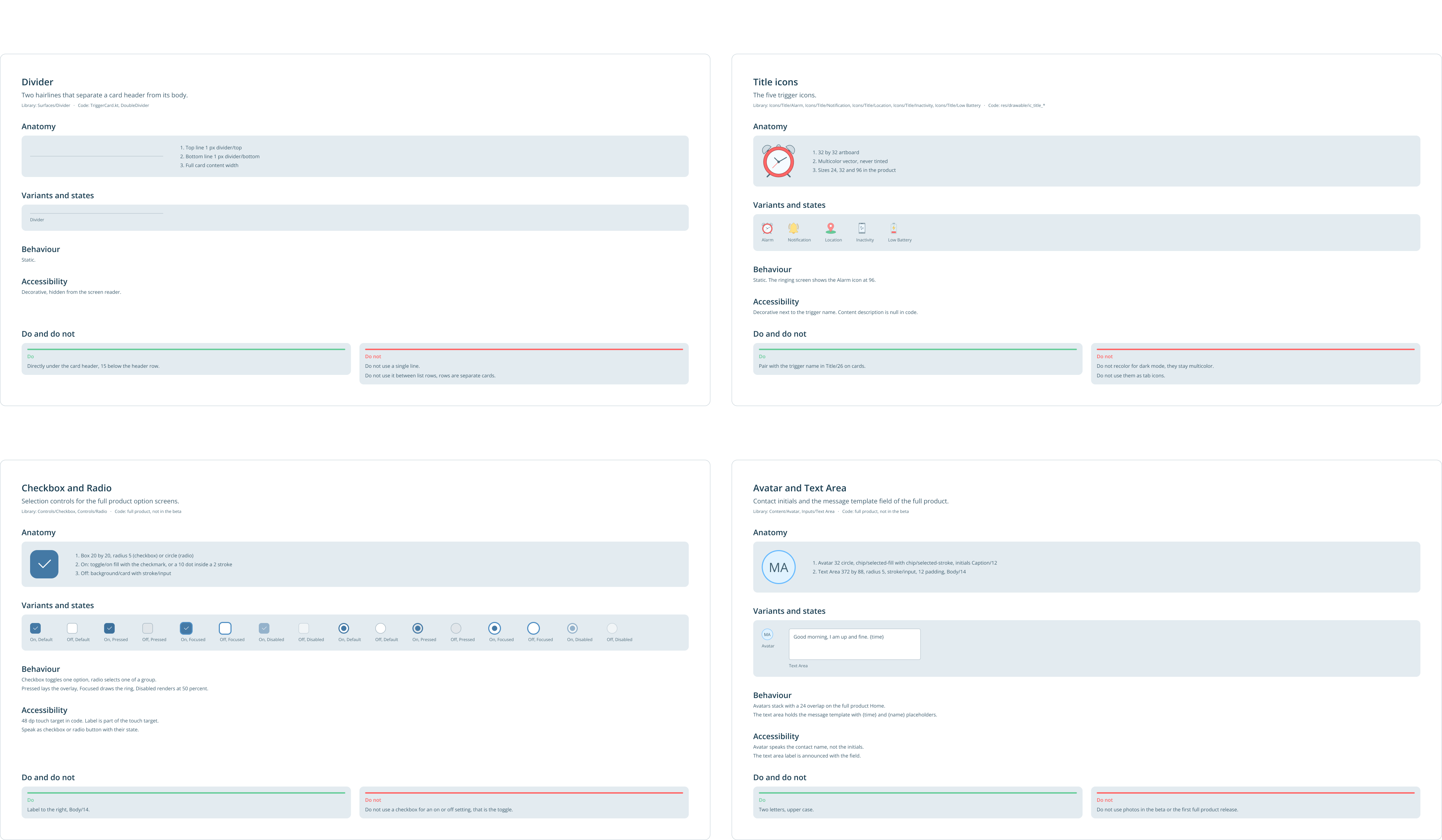 Component boards for the divider, the five title icons, the checkbox and radio, and the avatar and text area, each with its anatomy, variants and states, behaviour, accessibility, and do and do not.