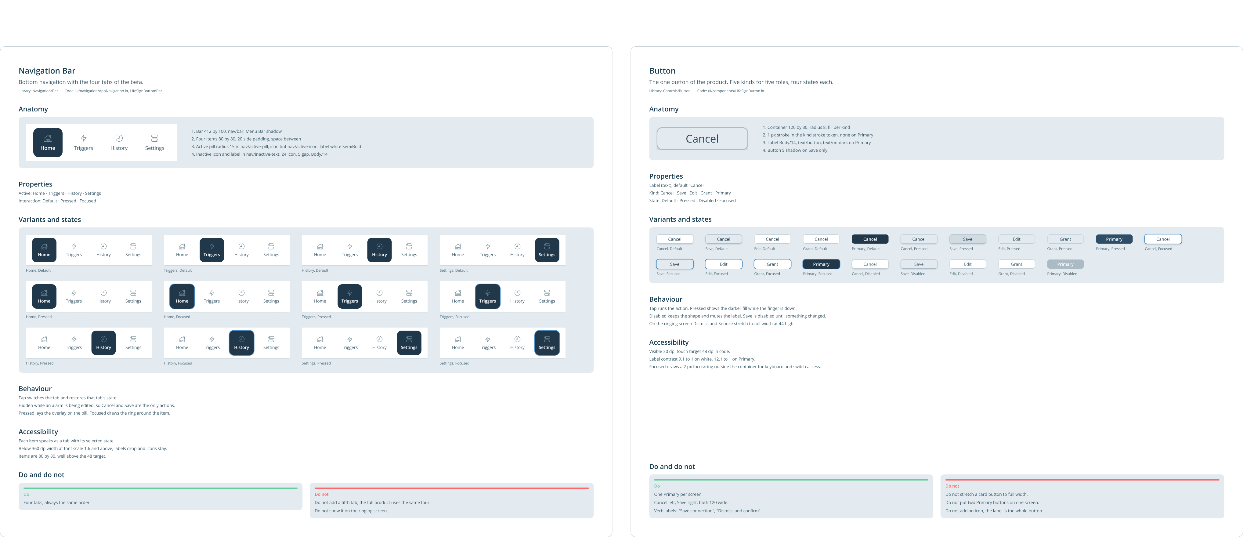 Component boards for the navigation bar with every tab in its default, pressed, and focused state, and for the button with its five kinds and four states.