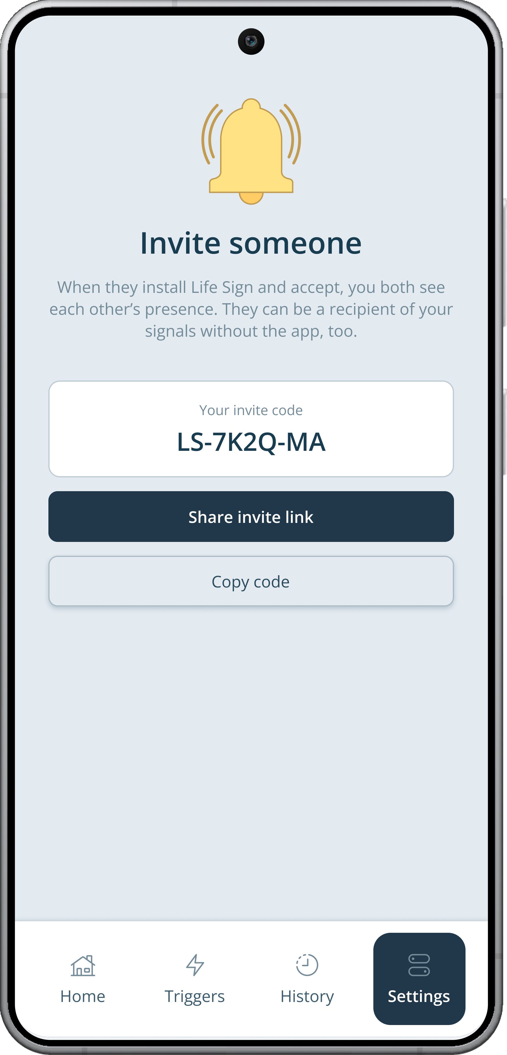 The Invite someone screen with an invite code, a Share invite link button, and a Copy code button.