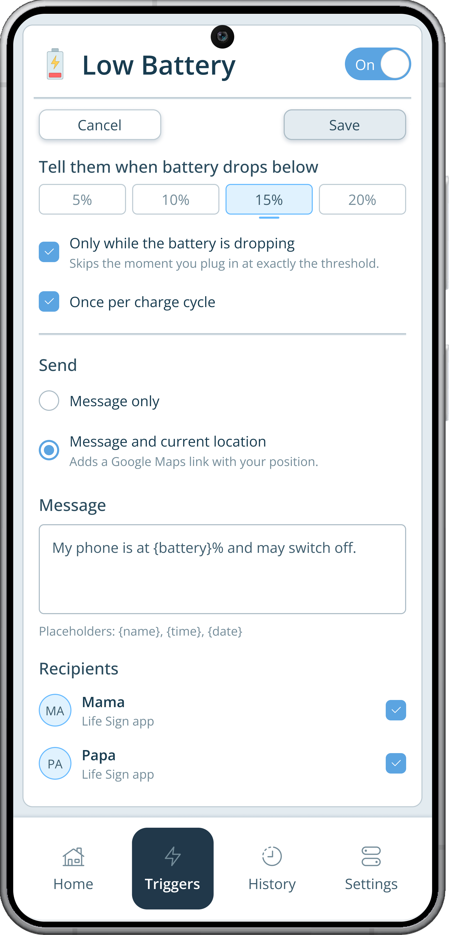 Editing the low battery trigger at 15 percent, only while the battery is dropping and once per charge cycle, with the message My phone is at 15 percent and may switch off, sent to Mama and Papa.