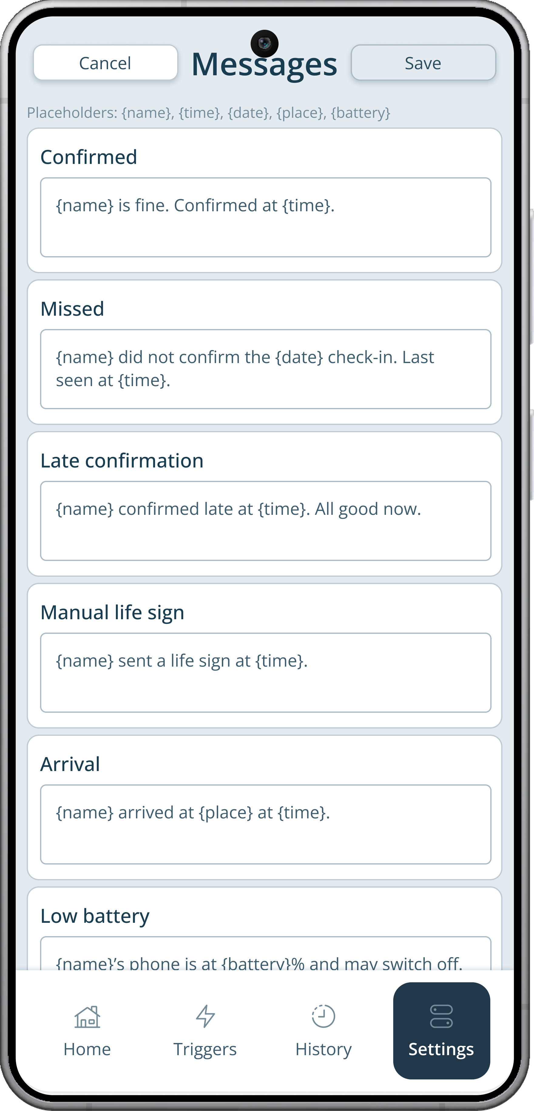 The Messages settings with the text for a confirmed, missed, late, manual, arrival, and low battery message, each with placeholders for the name and the time.