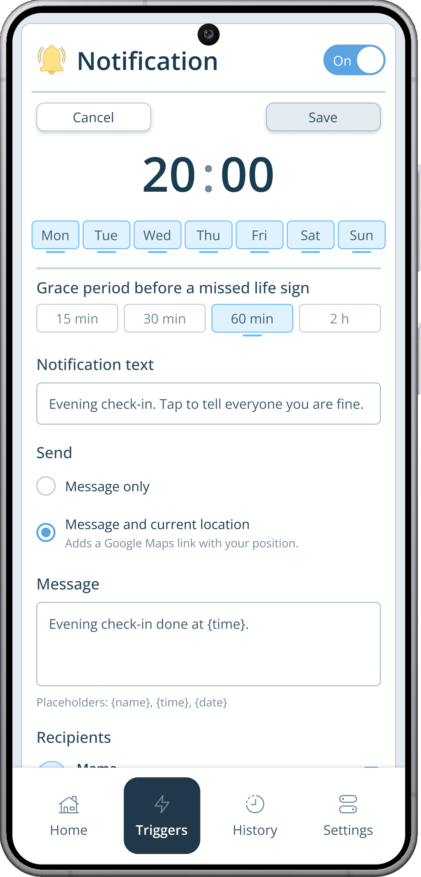 Editing the daily notification at 20:00 every day, with a 60 minute grace period, the text Evening check-in, and the message sent together with the current location.