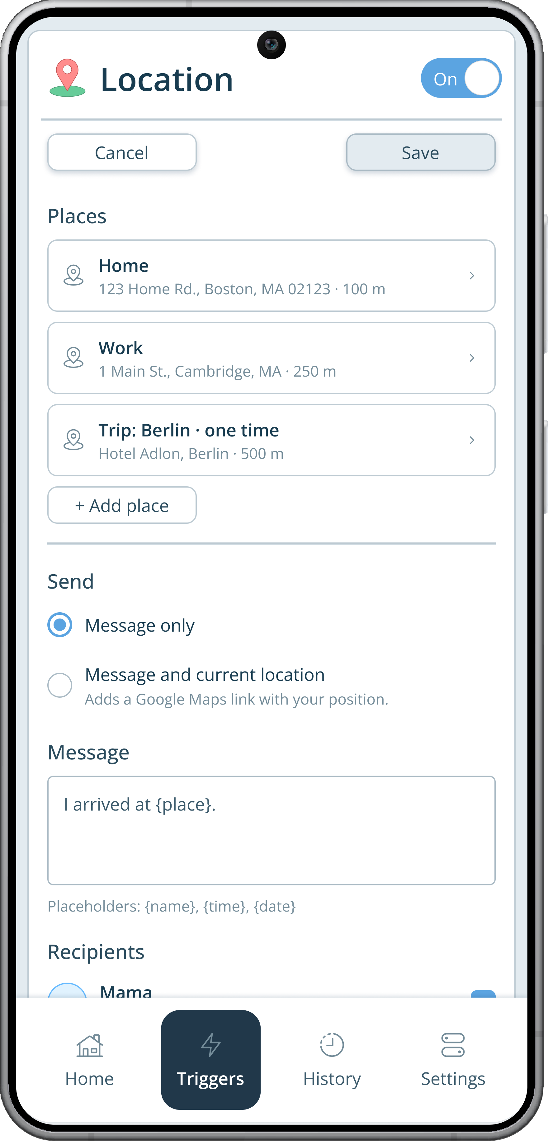 The Location trigger with the saved places Home, Work, and a one-time trip to Berlin, each with its radius.