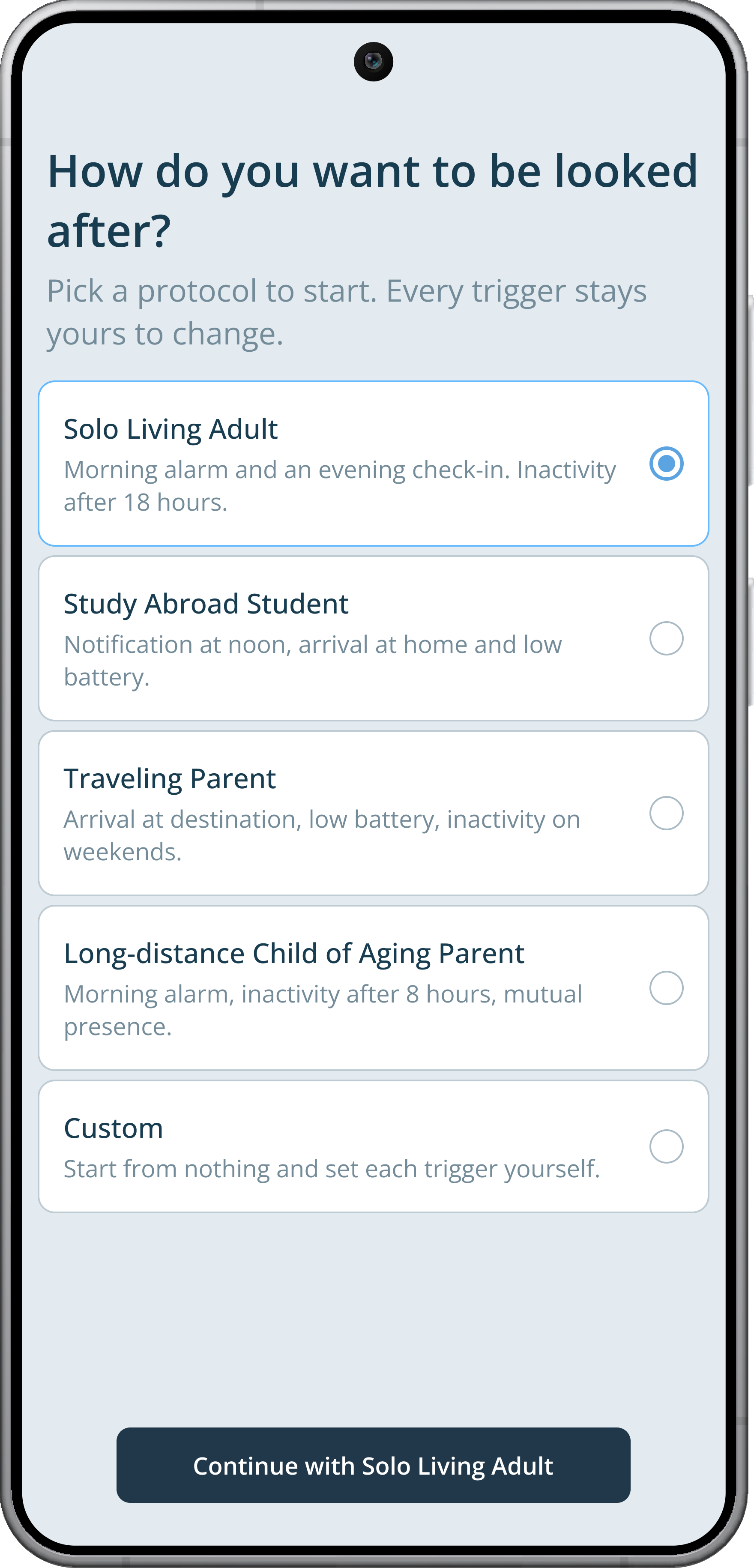 The screen How do you want to be looked after, with the five protocols Solo Living Adult, Study Abroad Student, Traveling Parent, Long-distance Child of Aging Parent, and Custom, and Solo Living Adult selected.