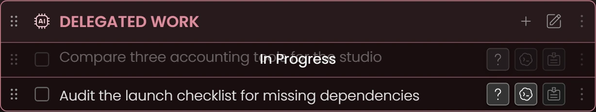 The Delegated Work list in the AI Assistant workspace, with Compare three accounting tools for the studio shown as In Progress above a task that has its answer.