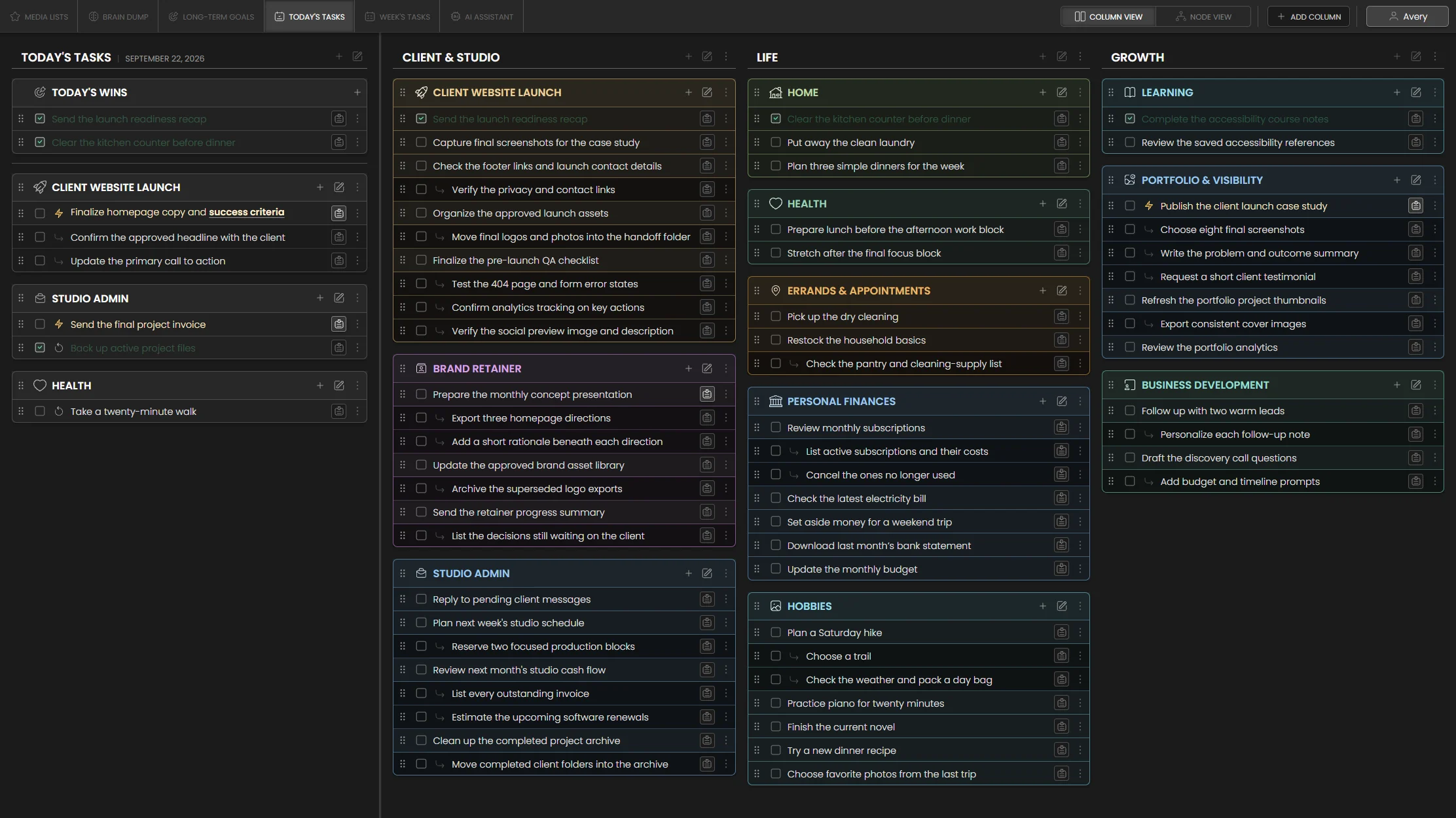 The whole Nexthen board with Today open beside it, showing made-up tasks in their categories. Dark mode.