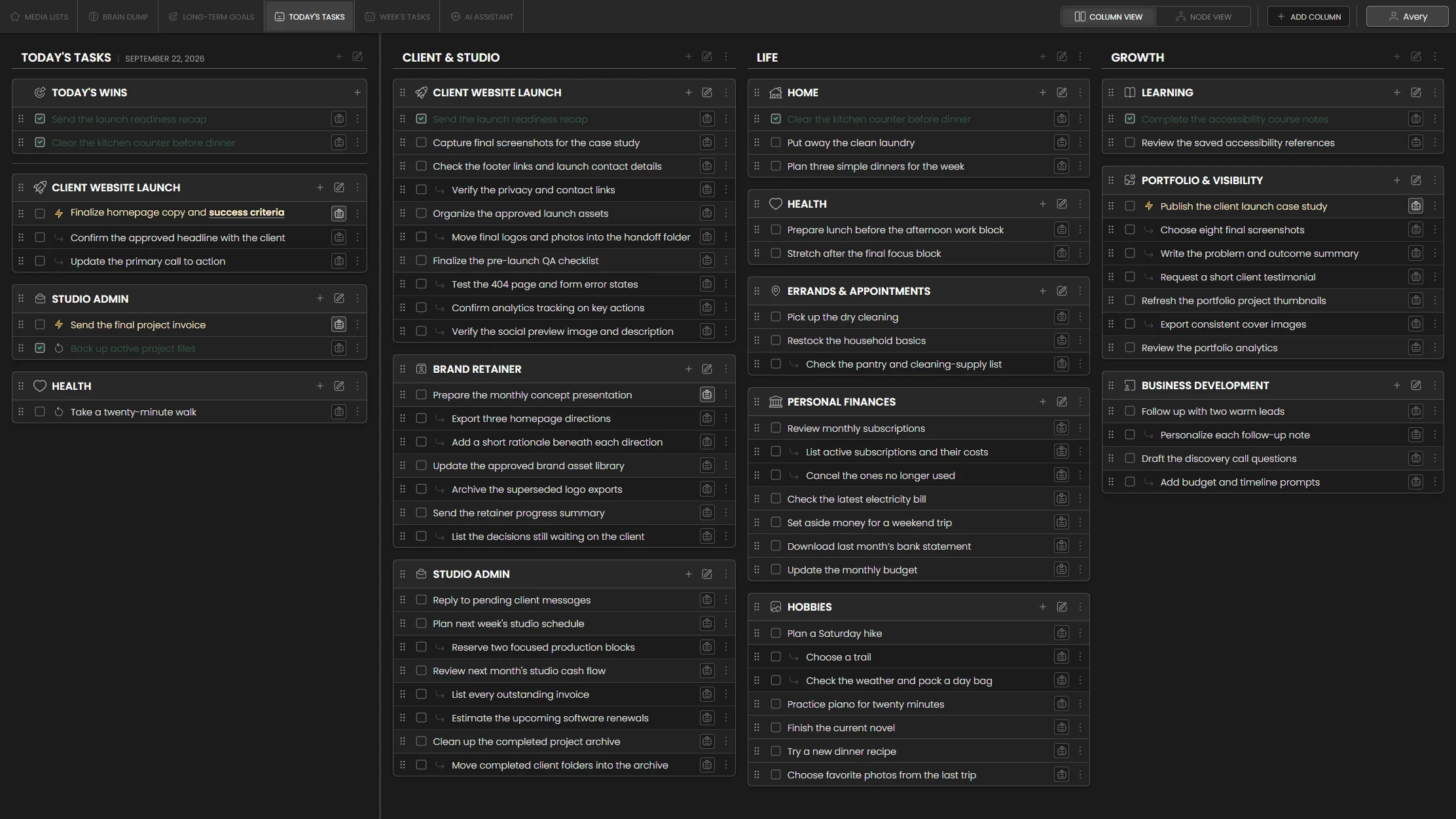 The whole Nexthen board, with every column and category visible at once. Dark mode.
