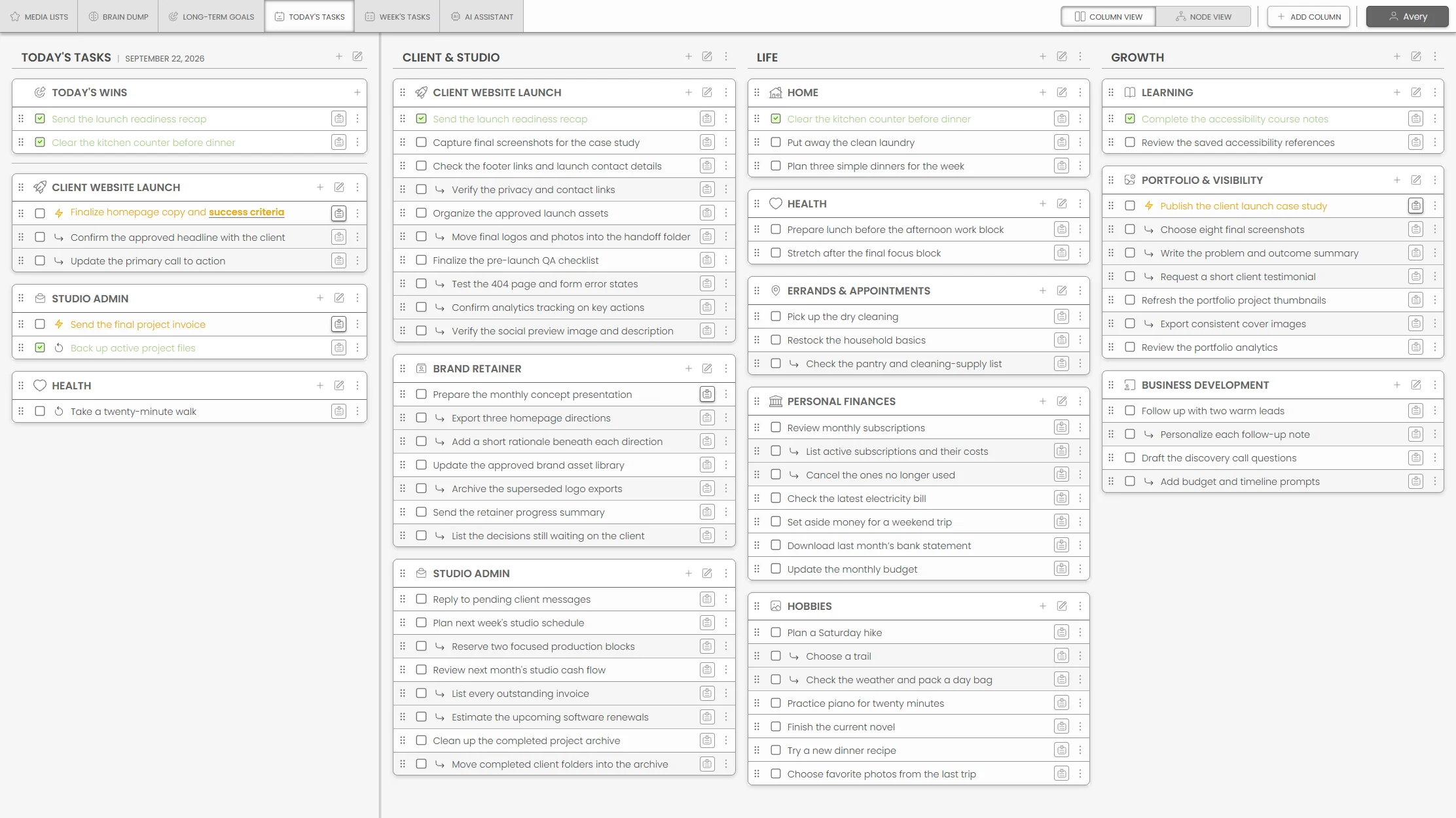 The whole Nexthen board, with every column and category visible at once. Light mode.