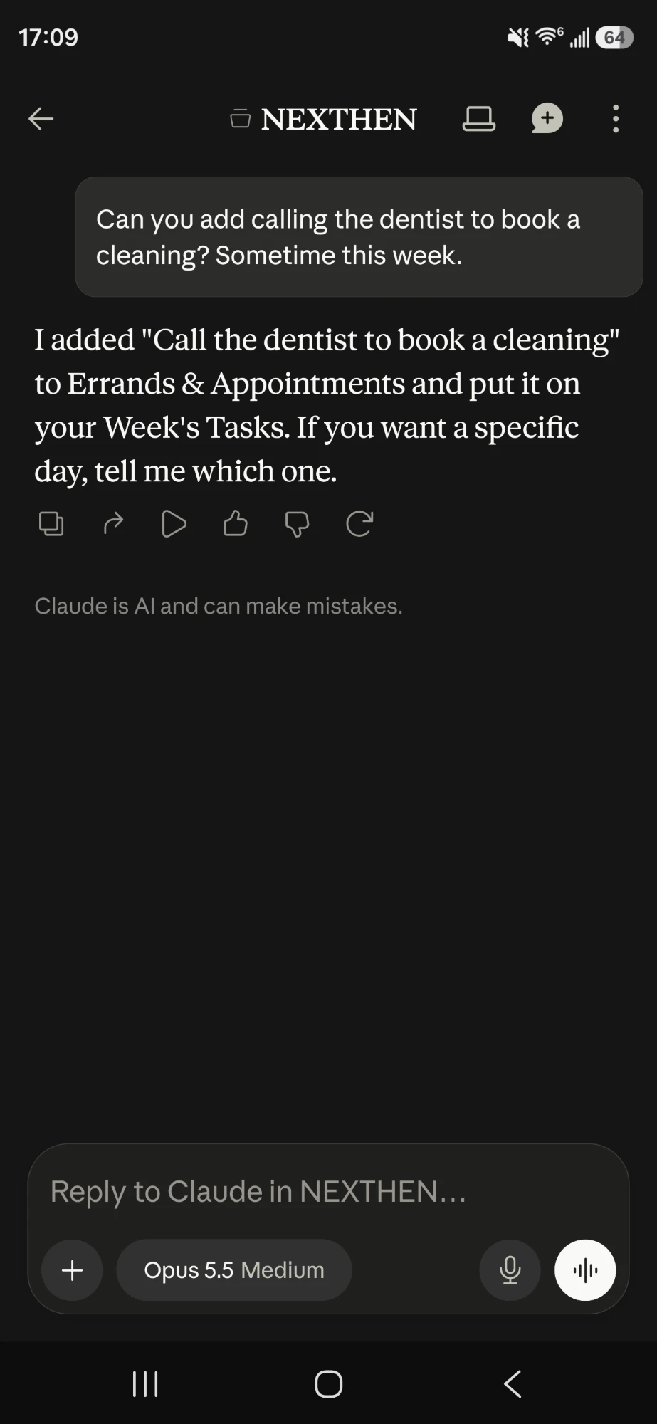 The Claude app on a phone. The person asks to add calling the dentist to book a cleaning sometime this week, and Claude replies that it added the task to Errands & Appointments and to the Week's Tasks.