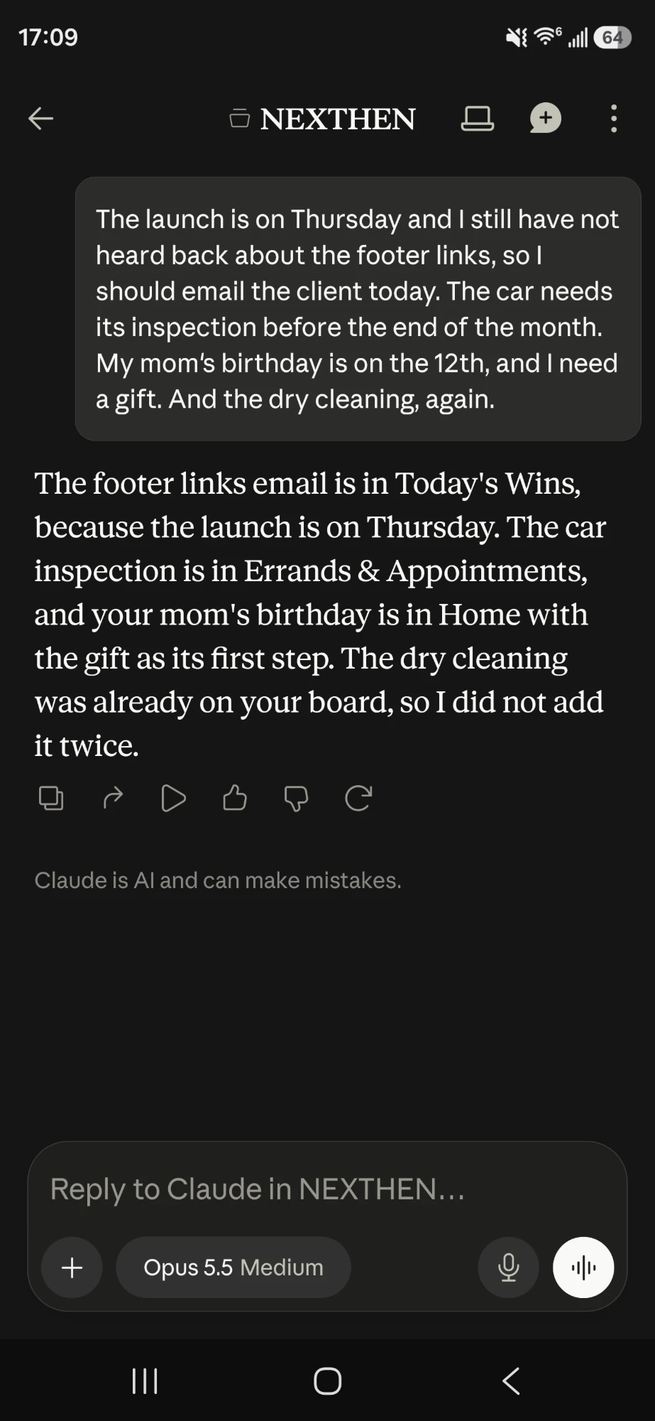 The Claude app on a phone. The person writes one long message about the launch, the footer links, the car inspection, a birthday gift and the dry cleaning, and Claude replies where each of them went on the board.