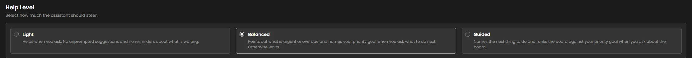 The three help levels Light, Balanced, and Guided as three options, with Balanced selected. Dark mode.