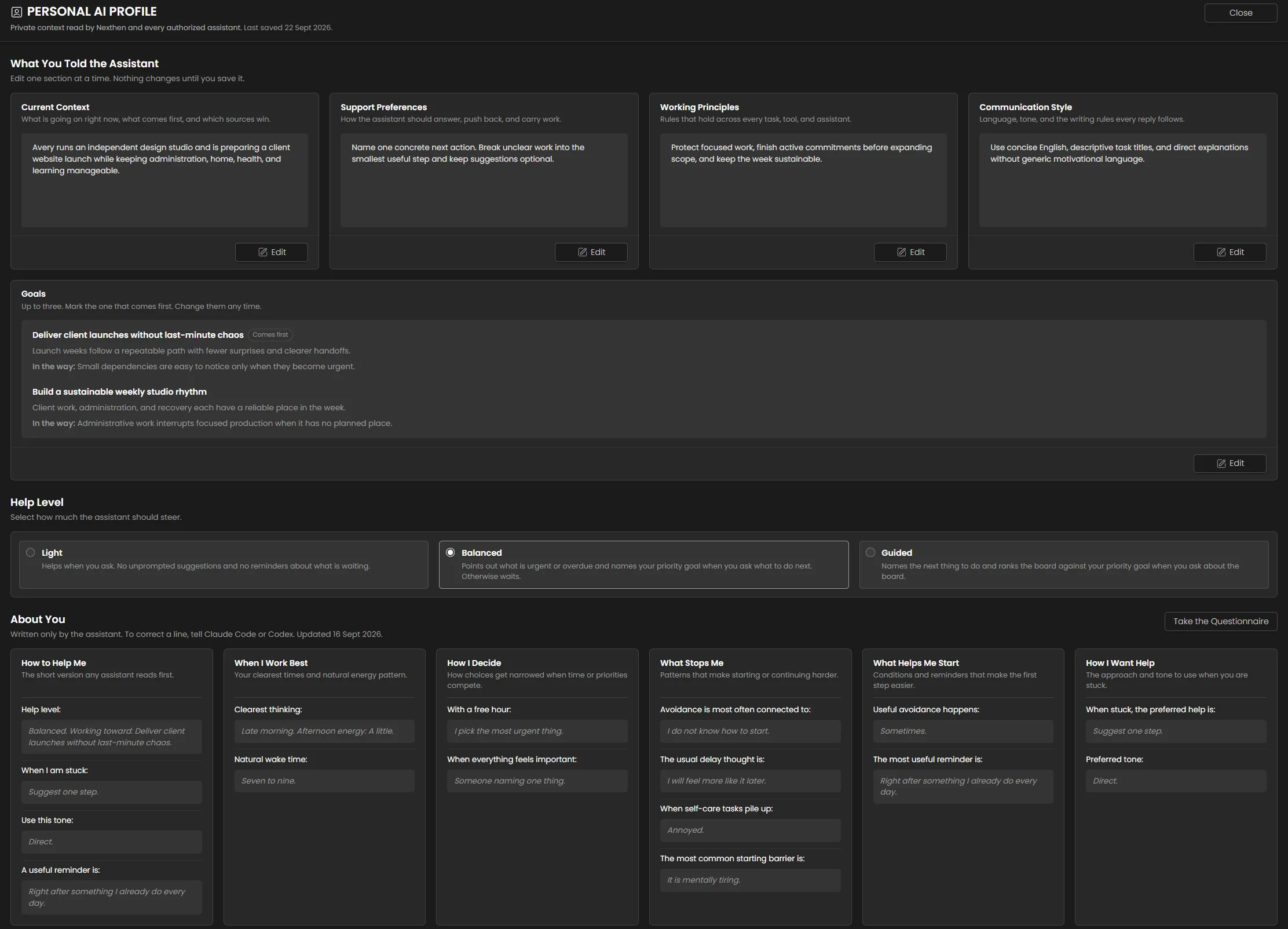The profile page, with what the person told the assistant, the goals, the three help levels, and the About you section written by the assistant. Dark mode.