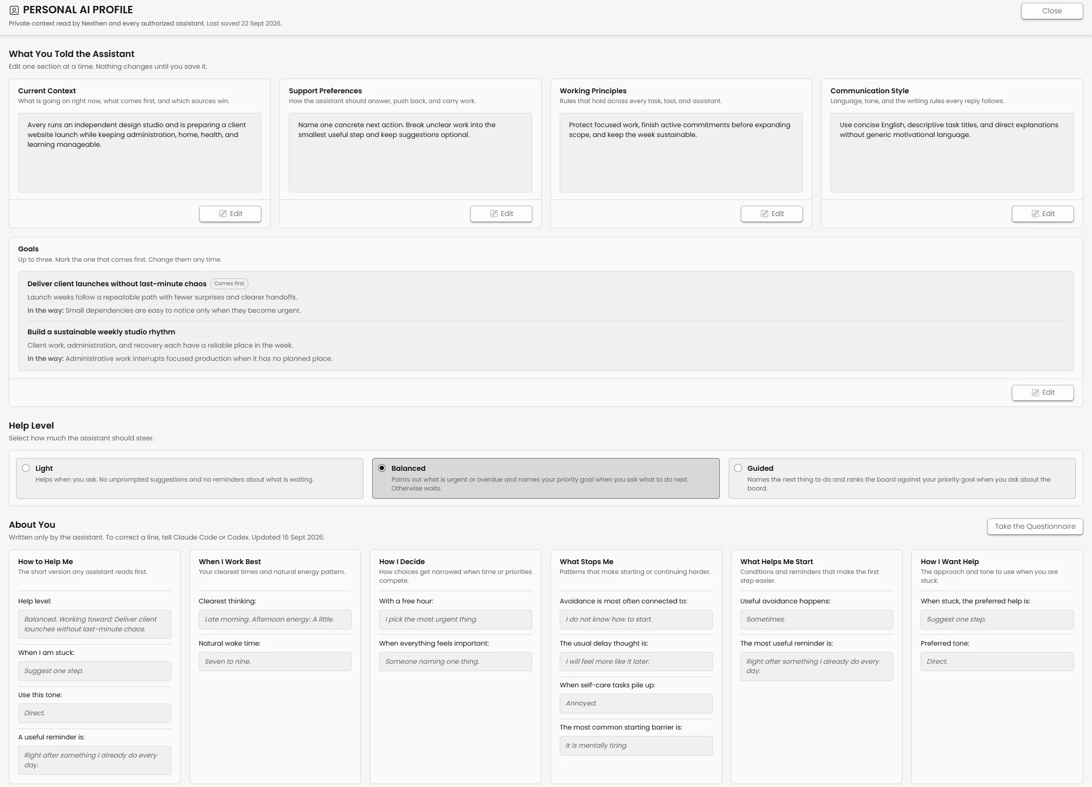The profile page, with what the person told the assistant, the goals, the three help levels, and the About you section written by the assistant. Light mode.