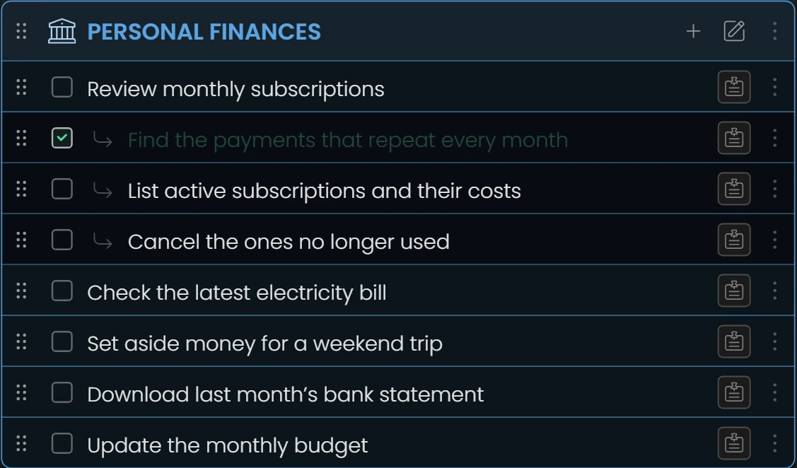 Personal Finances on the board, with Review monthly subscriptions and its three steps, the first one ticked.