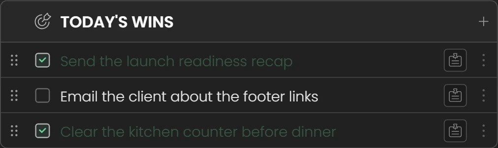 Today's Wins with three tasks, two of them done.