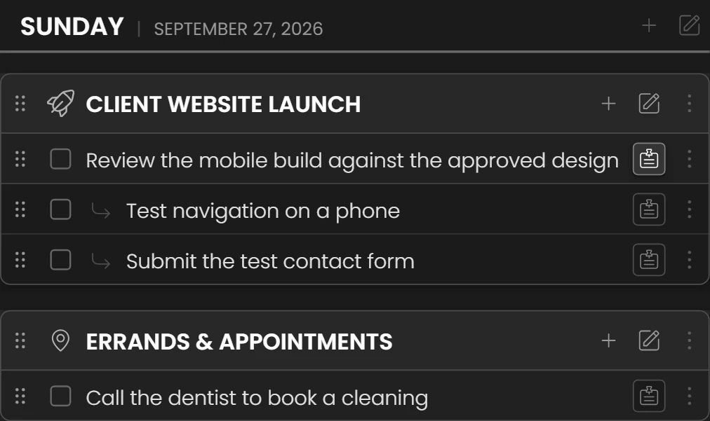 The Week's Tasks on the board, with Call the dentist to book a cleaning under Errands & Appointments on Sunday.